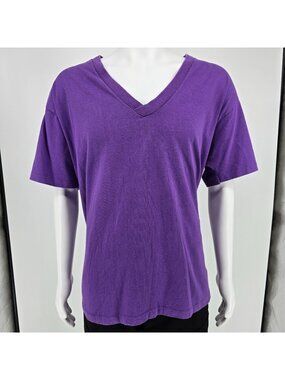 Vintage 1990s Stained Anvil Blank Purple V-Neck Single Stitch T-Shirt (XL)
